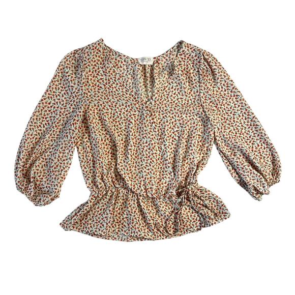 Cottagecore Floral Boho Peplum Blouse White Orange Small Dainty Quarter Sleeve - Picture 2 of 8